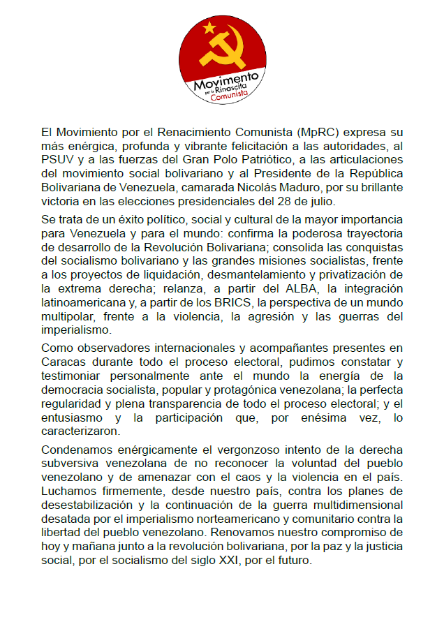 embavenitalia's tweet photo. Messaggio del Movimento per la Rinascita Comunista #MpRC per la rielezione di Nicolás Maduro alle elezioni presidenziali del 28 luglio 2024 in #Venezuela
@CancilleriaVE @yvangil @GodoyCoromotoVE @MariaElenaUzzo https://t.co/ZKEDKitlWh