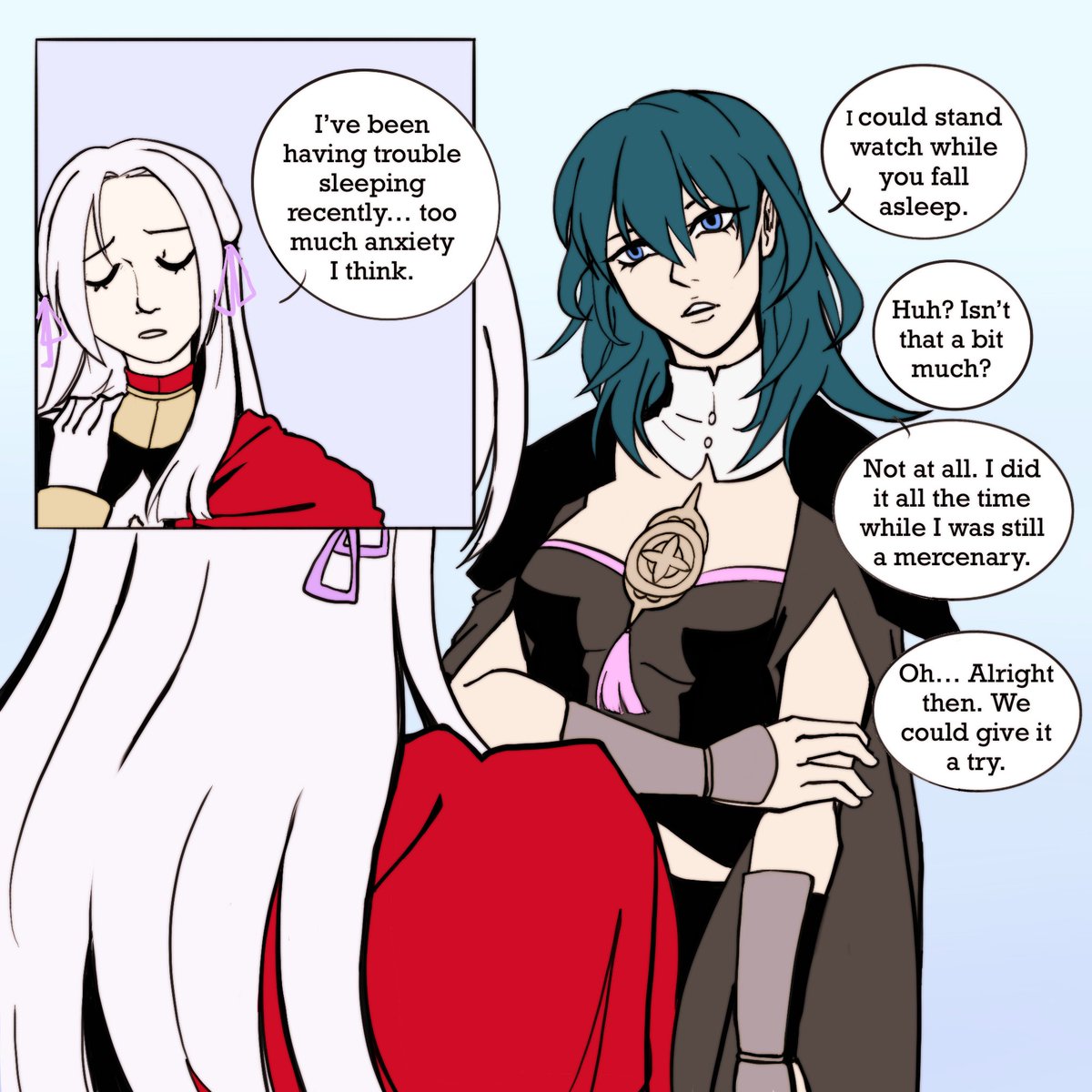 obsmiechujek's tweet image. Not the sleepover Edelgard was hoping for 
#FE3H #edeleth #FireEmblem