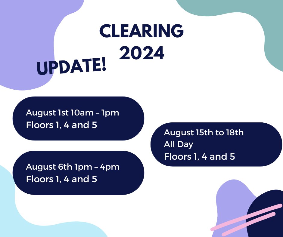 The University Library is once again delighted to host Clearing activities this year, but this means some of our floors will be unavailable during certain times in August.
You can keep up to date with the Library floor closures schedule on our website ow.ly/mKS950SNW5R