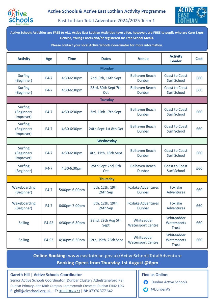 Catch some waves this term with Total Adventure! 
Check out this term's Active East Lothian Total Adventure timetable, including Surfing, Wakeboarding and Sailing.
Online booking opens Thursday 1st August at 6pm 📷 eastlothian.gov.uk/ActiveSchoolsT…