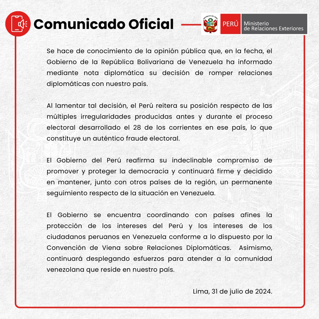 CancilleriaPeru's tweet photo. 📄 Comunicado Oficial N° 023 - 24: El Gobierno del Perú informa sobre situación de las relaciones diplomáticas con Venezuela.

👉 https://t.co/XDt1RdYmFX https://t.co/ci3THAXqG8