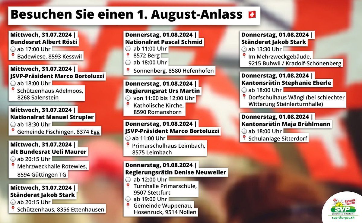 Zum Nationalfeiertag finden zahlreiche Veranstaltungen im Kanton Thurgau statt, mit Beteiligung von SVP-Mandatsträgern. Besuchen auch Sie eine Feier. Wir wünschen Ihnen bereits jetzt einen schönen 1. August! 🇨🇭