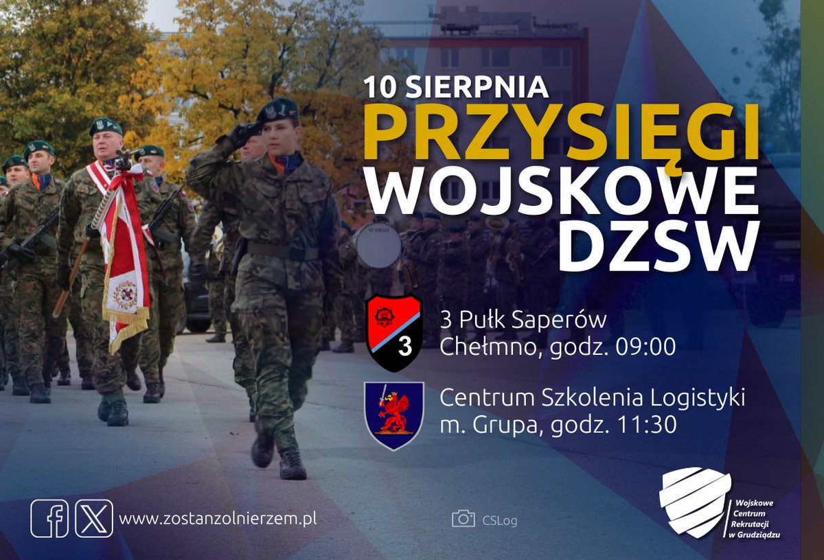 WCRGrudziadz's tweet photo. 📣📣Już w tą sobotę dobiegnie końca II Turnus #DZSW w ramach projektu #WakacjezWojskiem ❗️
Ochotnicy zakończą szkolenie uroczystą przysięgą wojskową, która odbędzie się 10 sierpnia w Centrum Szkolenia Logistyki w m. Grupa oraz w #3psap w m. Chełmno.
@MON_GOV_PL 
@ZolnierzRP https://t.co/hxdrIIWPiO