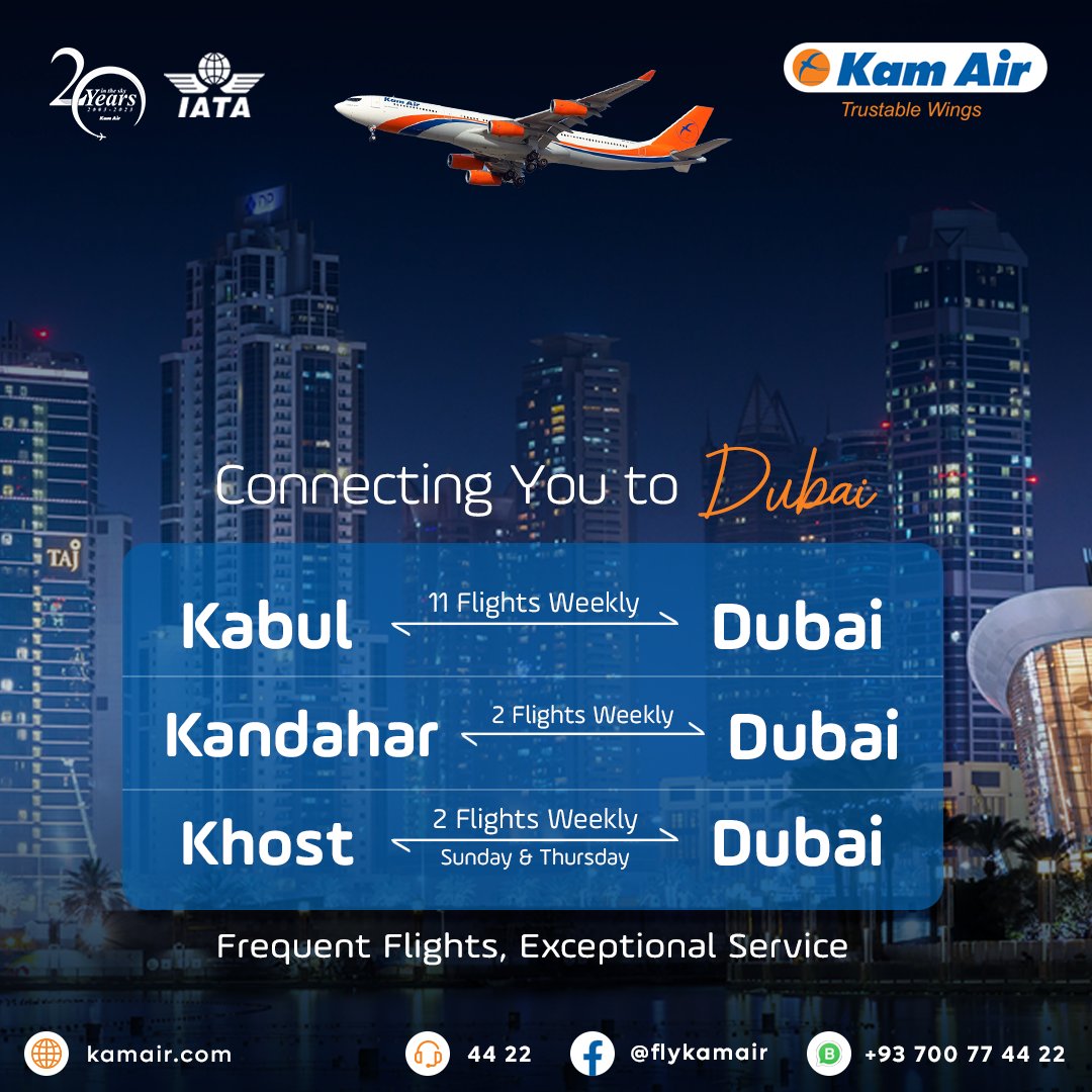 KamairRQ's tweet photo. Experience World-Class Travel!
Kam Air offers frequent flights from Kabul, Kandahar, and Khost to Dubai.
#KamAir #DiscoverDubai #FlyWithComfort #BookNow https://t.co/UFeO6KFVBO