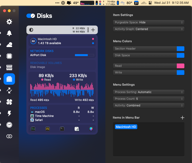 hansenc's tweet photo. @bjango any known bugs with displaying disk details. have it enabled but won't show up in the bar. https://t.co/PiIqwGwQo9