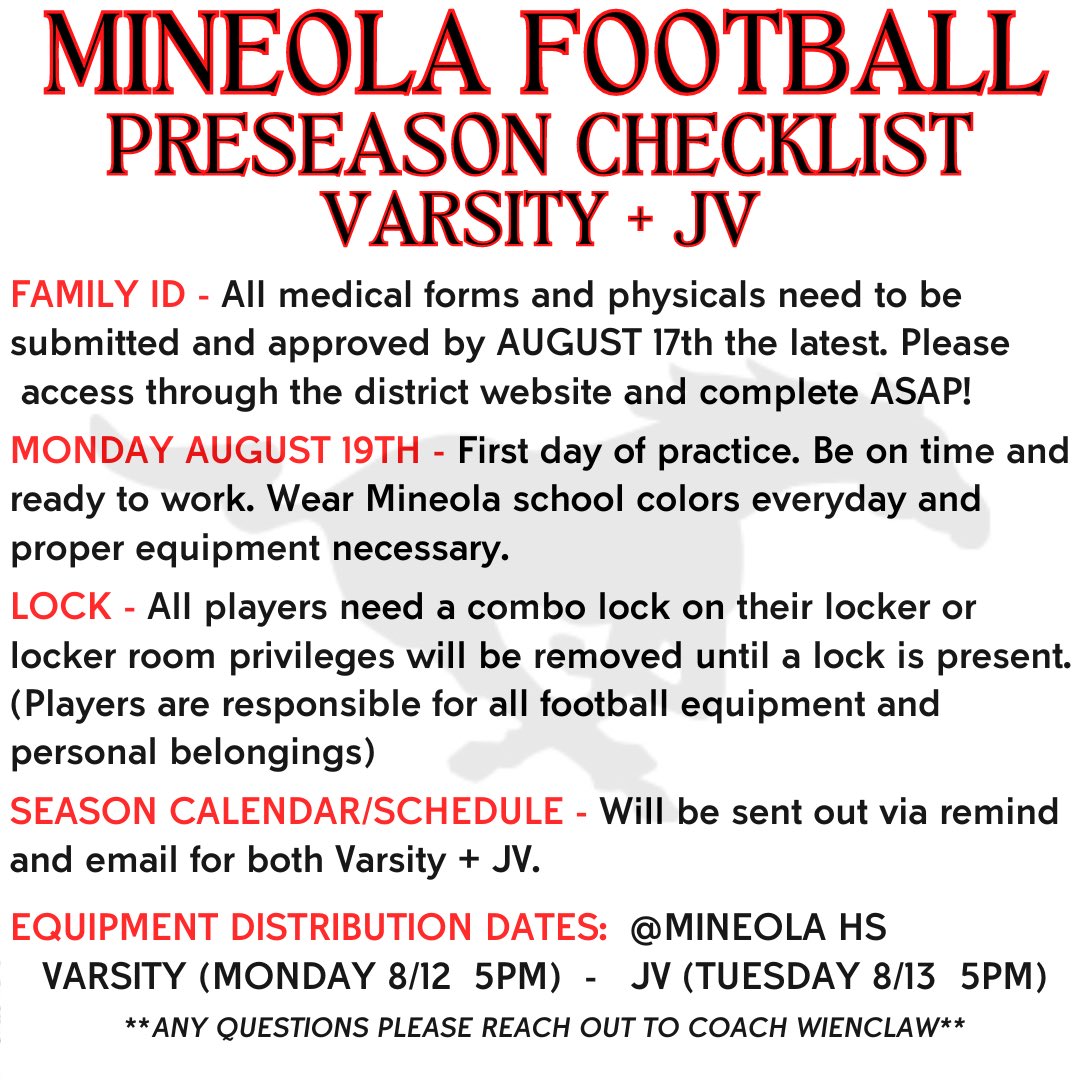 Family ID is open for the 2024 season!
Please complete ASAP‼️

<a href="/mineolahs/">Mineola High School</a> <a href="/MineolaUFSD/">Mineola UFSD</a> 
<a href="/MineolaAD/">MineolaAthletics</a> <a href="/CoachWienclaw/">Tim Wienclaw</a>