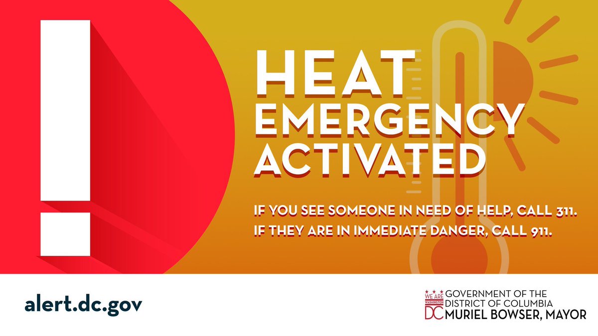 A Heat Emergency will be activated for Wednesday, July 31.🚨

Remember: Stay hydrated, limit sun exposure, and check on seniors, neighbors, and pets.  
  
If you see someone in need, contact: 

📞Shelter Hotline: 202-399-7093 or 311  
📞911 for an immediate safety risk