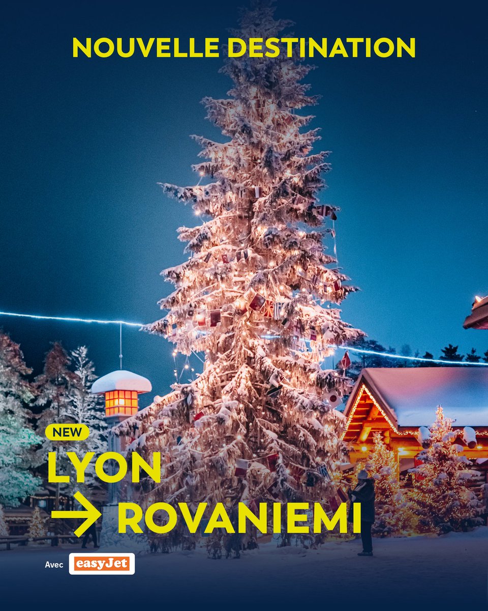 lyonaeroports's tweet photo. NOUVEAUTÉ @easyJet 📢

🇫🇮 #Rovaniemi vous attend ! Dès le 15 décembre, profitez de 2 vols par semaine au départ de Lyon pour découvrir la magie de la #Laponie finlandaise. ❄️

Infos et réservations ➡️ https://t.co/o2KjbqcXxW

@vinciairports #FlyFromLyon https://t.co/BCSP11stji