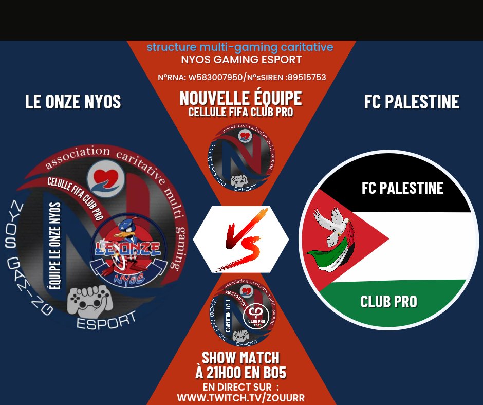 Bonsoir amis supporters.

Ce soir grosse session pour nos ducks.

En effet une nouvelle équipe va intégrer notre structure la FC PALESTINE et nous avons organisé un BO5 ce soir ou vont s'affronter les meilleurs 11 possible.

Live en direct des 21h00 sur twitch.tv/zouurr