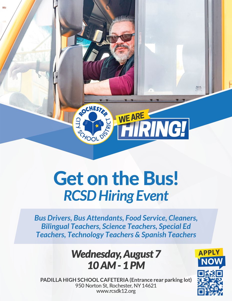 Bus Drivers🚍Bus Attendants🚌Food Service Workers🥗Custodians🧼 We are looking for great talent to take care of the RCSD Family! Check out the event below or apply any time at rcsdk12.org/careers #ONERCSD