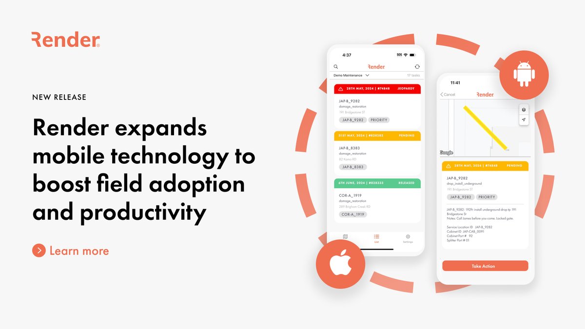 RenderNetworks's tweet image. At #FiberConnect, Render announced the expansion of our mobile application and device choice empowering field crews to manage their complete scope of work more efficiently and increase adoption by utilizing their preferred smartphone or tablet device: bit.ly/3Yr2493