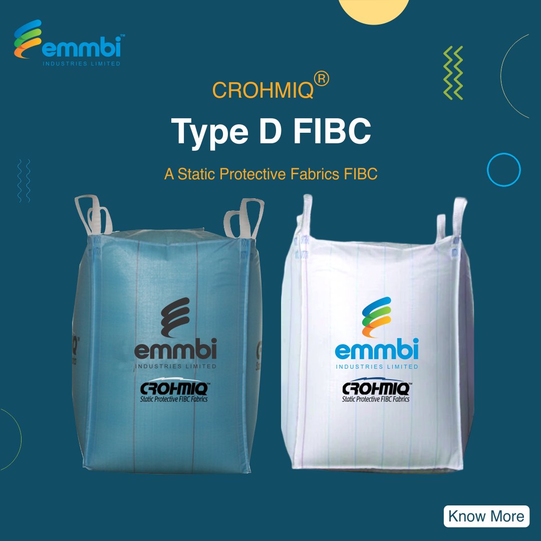At Emmbi, our CROHMIQ® Type D FIBC bags are designed to prevent incendiary sparks, brush discharges, and propagating brush discharges without needing a ground connection. Know More: emmbi.com/type-d-fibc/

#TypeDFIBC #CROHMIQ #StaticProtection