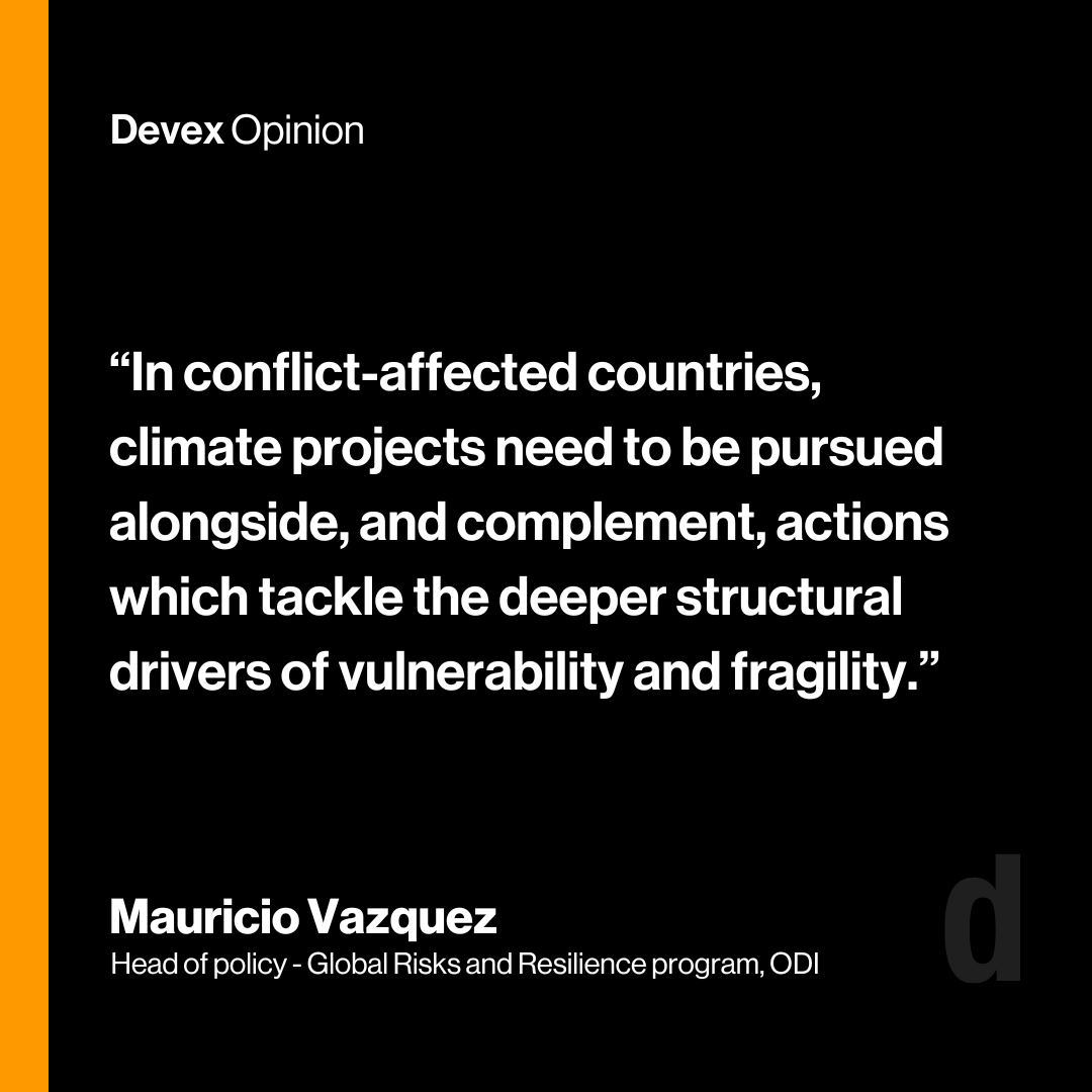 devex's tweet photo. As the planet continues to warm, @ODIclimate’s Mauricio Vazquez explains how conflict and fragility can drive vulnerability to climate change.

https://t.co/K5vAXXmf0q https://t.co/mrDQumMzaX