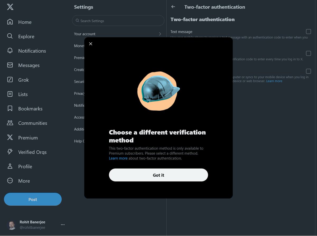 rohitbanerjee's tweet photo. Since when did #2factorauthetification security feature become a premium feature only available on paid subscription? 

Care to comment? @elonmusk, @X, and @XBusiness https://t.co/USW2J9avPe