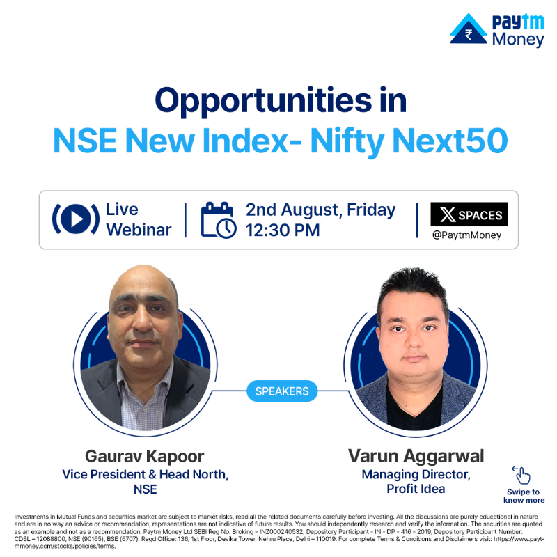 PaytmMoney's tweet photo. Join our live event with Gaurav Kapoor, Vice President &amp; Head North, NSE &amp; @anaadiprofessor, Managing Director, @profitidea to learn expert strategies &amp; insights within the #NiftyNext50 Index.

🗓️- 2nd August, Tomorrow
⏰- 12:30 PM

#LearnWithPaytmMoney #Trading #PaytmMoney #NSE