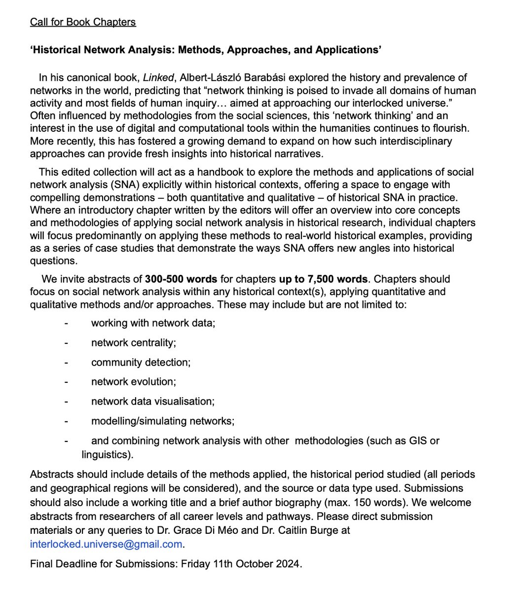 Dr Caitlin Burge (@caitlinburge95) on Twitter photo We're back! <a href="/grace_di_meo/">Dr. Grace Di Méo</a> and I are looking for abstracts for an edited collection on Historical Network Analysis - check out the call below and email us at interlocked.universe@gmail.com! 📅 Deadline: 11th October #cfp #historicalnetworks We're back! <a href="/grace_di_meo/">Dr. Grace Di Méo</a> and I are looking for abstracts for an edited collection on Historical Network Analysis - check out the call below and email us at interlocked.universe@gmail.com! 📅 Deadline: 11th October #cfp #historicalnetworks