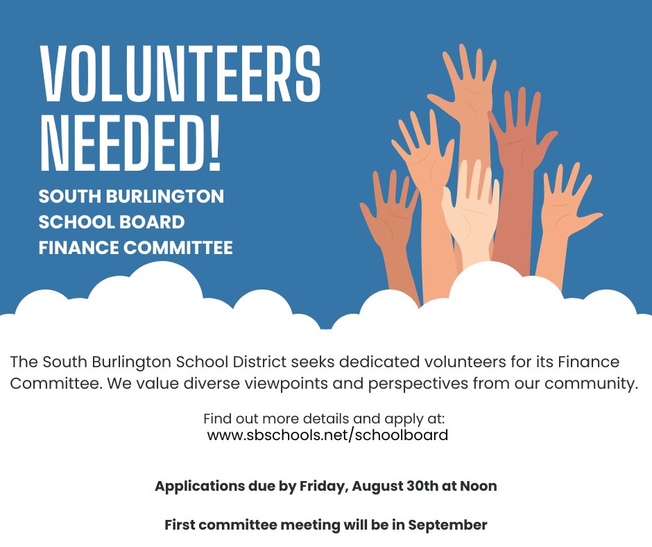 Volunteer Opportunity to join the SBSD Finance Committee! 
Apply at forms.gle/HiCyMsJP8KnC8D… or visit sbschools.net/schoolboard for more info! Applications due by Friday, August 30th at Noon.