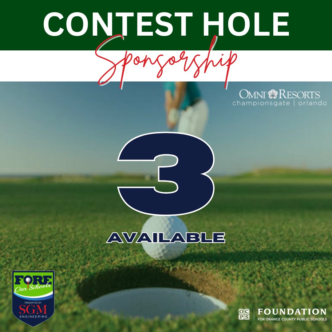 Fdn4OCPS's tweet image. There are only 3 more Contest Hole Sponsorships remaining for The Foundation for OCPS&apos; 24th Annual &quot;Fore our Schools&quot; Golf Tournament presented by SGM Engineering! 
Visit: foundationforocps.org/.../sgm-engine…... to sponsor today. 
#fdn4ocps #foreourschools #SGMEngineering