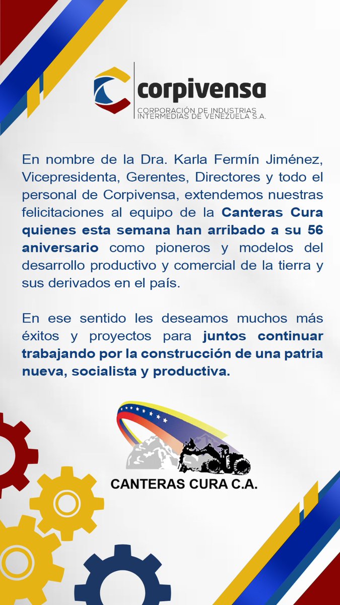 ➡️ 🎉 En nombre de la Dra. <a href="/karladelvalle7/">Karla Fermin</a> y todo el personal de #Corpivensa,  extendemos nuestras felicitaciones al equipo de Canteras Cura por sus 56 aniversario como  pioneros y modelos del desarrollo productivo y comercial de la tierra y sus derivados en el país.

#31Julio