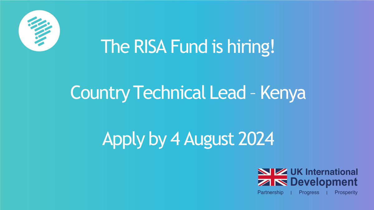 The RISA Fund is hiring! 

We are seeking a Country Technical Lead - Kenya to join our team. 

Applications are open until 4 August 2024. 

Find out more and apply: reliefweb.int/job/4080844/co… 

#Kenya #NowHiring #Research #Innovation