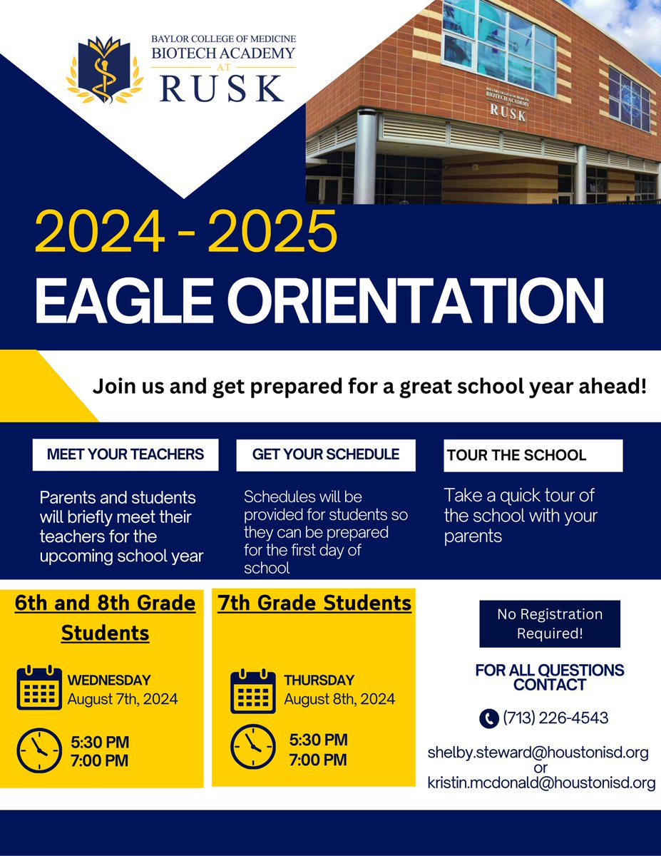 BCMbiotechRusk's tweet photo. Join us for our orientation night and take the first step towards a great school year! Meet your teachers, get your schedules, and tour the school with your family to be prepared for day 1. #BCMBAR #hisd #BackToSchool2024 https://t.co/lUhzsA8j9O