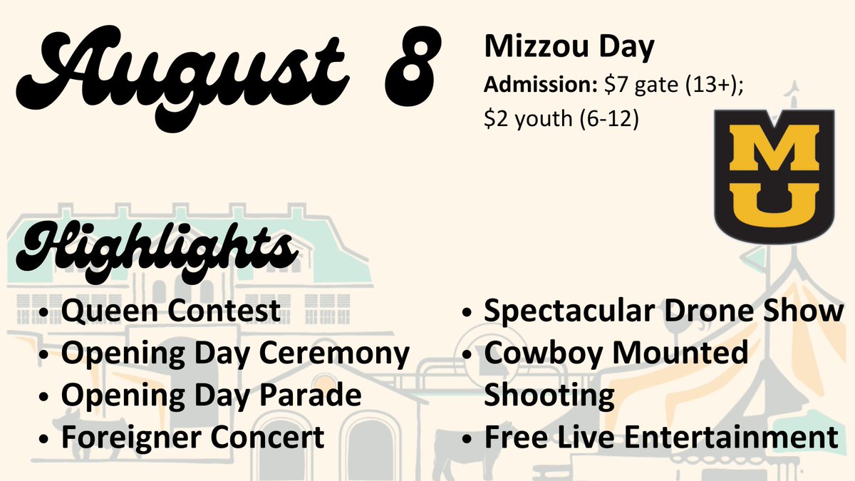 DAILY HIGHLIGHTS: for even more information go to   mostatefair.com/schedules/dail…

<a href="/Mizzou/">Mizzou</a>