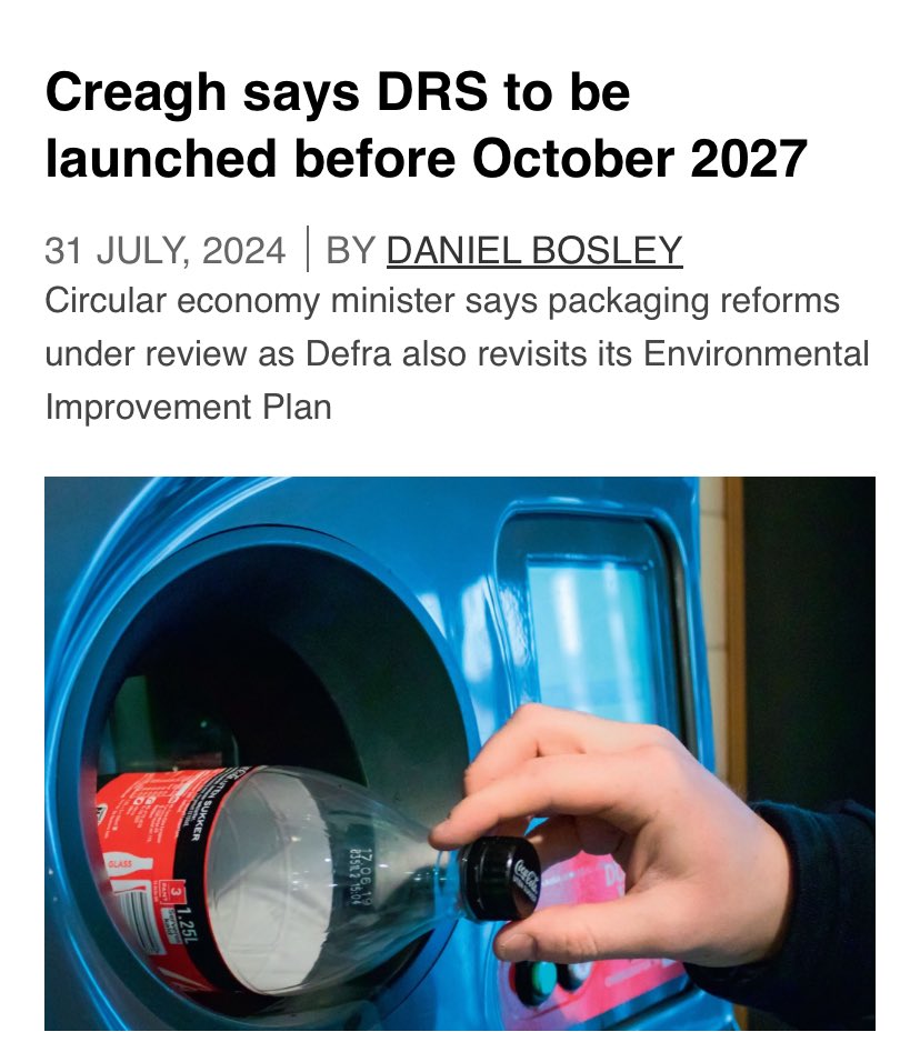 Circular economy minister <a href="/MaryCreagh_/">Mary Creagh CBE MP</a>  has said the Government intends to introduce a deposit return scheme for drinks containers ahead of the previous administration's October 2027 schedule.

#DepositReturn #Drs 

Via <a href="/MRWmagazine/">MaterialsRecycling</a> 

mrw.co.uk/news/creagh-sa…