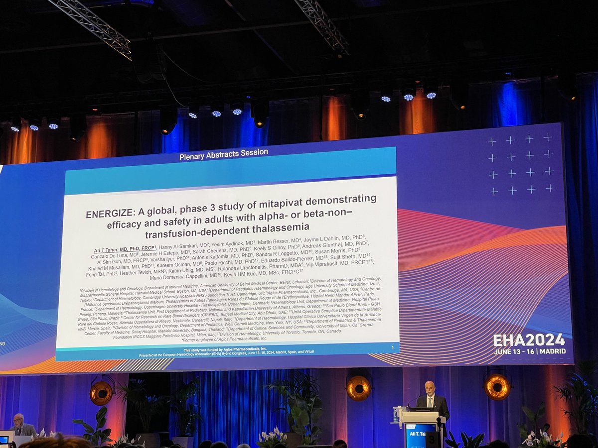 Thank you <a href="/AliTaherMD/">Ali Taher</a> for presenting our latest #Thalassemia clinical trial data, ENERGIZE: A Global Phase 3 Study of Mitapivat Demonstrating Efficacy and Safety in Adults with Alpha- or Beta-Non-Transfusion-Dependent Thalassemia, at #EHA2024. See the data here: