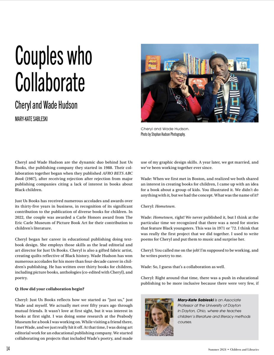 JustUsBooks's tweet image. Wade and Cheryl Hudson, the “dynamic duo” behind Just Us Books are featured in the summer issue of Children and Libraries magazine.
Check out an excerpt from their interview, “Couples who Collaborate.”
Thanks to Mary-Kate Sableski for the spotlight!