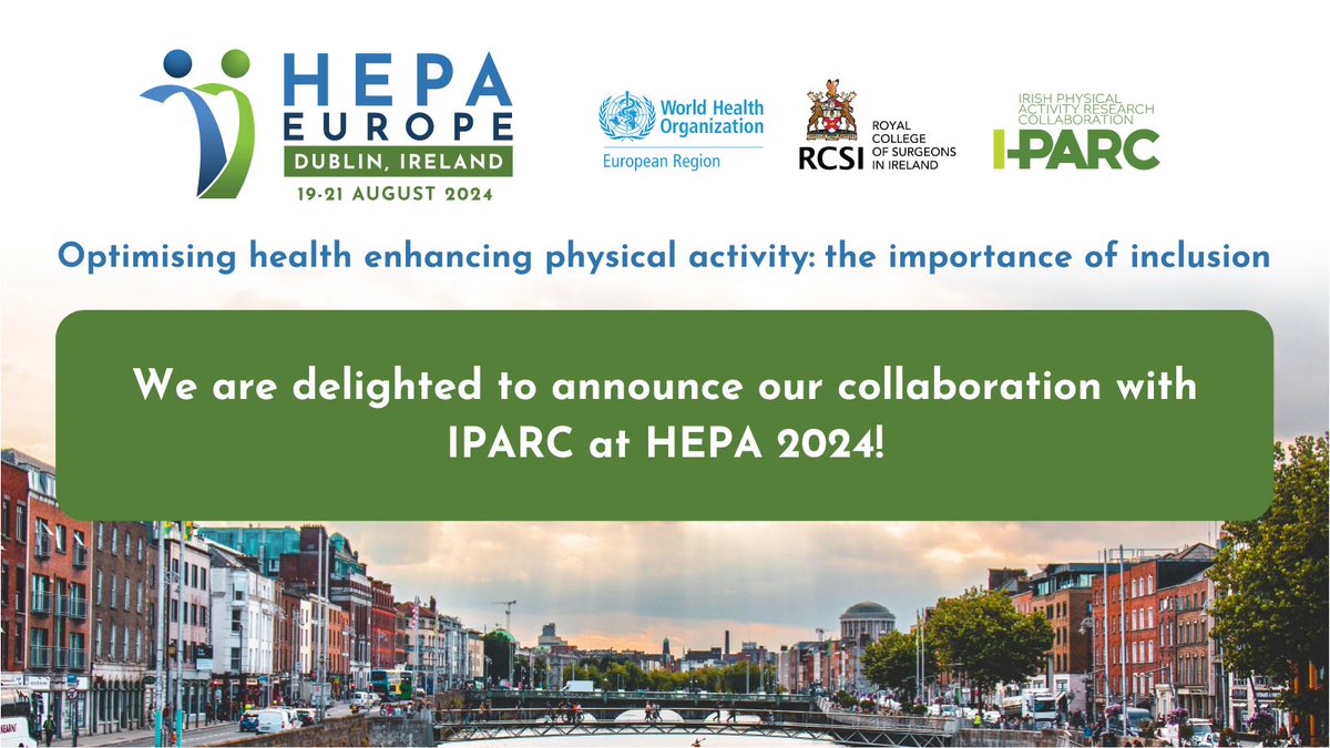 HEPA Europe (@hepaeurope) on Twitter photo Important conference announcement!
<a href="/RCSI_Irl/">RCSI</a> will be collaborating with <a href="/IPARC_1/">Irish Physical Activity Research Collaboration</a> at #HEPA2024
Together, they are committed to making a positive impact on #PhysicalActivity & #health in Ireland & across Europe
Online Programme available at 👇abbey.eventsair.com/AbbeyEventApp/… Important conference announcement!
<a href="/RCSI_Irl/">RCSI</a> will be collaborating with <a href="/IPARC_1/">Irish Physical Activity Research Collaboration</a> at #HEPA2024
Together, they are committed to making a positive impact on #PhysicalActivity & #health in Ireland & across Europe
Online Programme available at 👇abbey.eventsair.com/AbbeyEventApp/…