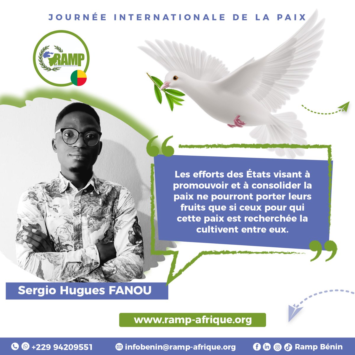 rampbenin's tweet photo. [Journée internationale de la Paix 24]

ACTE 43
"Les efforts des États visant à promouvoir et à consolider la paix ne pourront porter leurs fruits que si ceux pour qui cette paix est recherchée la cultivent entre eux."_ 

Pour la Paix, engageons-nous!

#100JourPourlaPaix
#HD4P https://t.co/gYiOtcLFxY