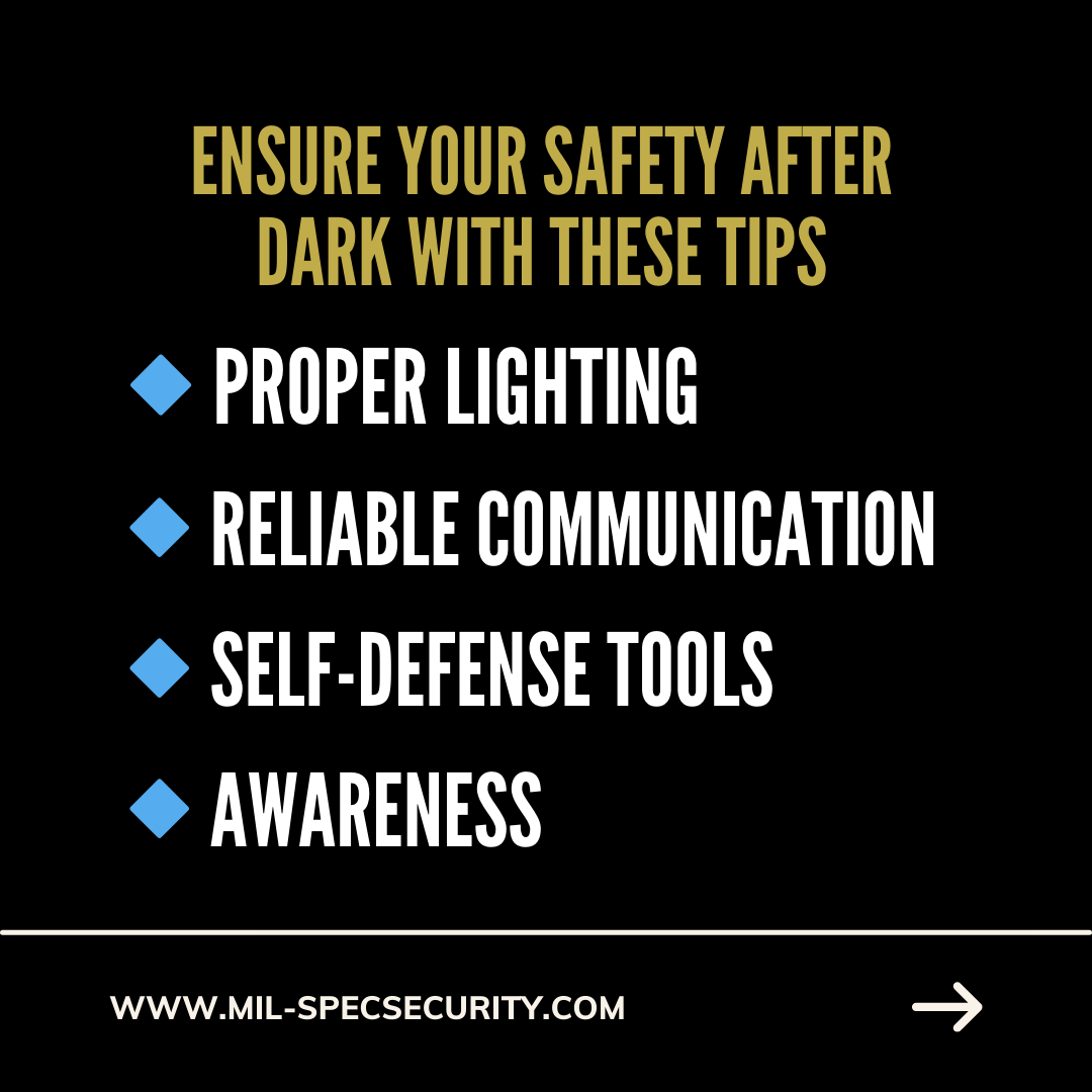 SecurityMil's tweet photo. 𝐄𝐧𝐬𝐮𝐫𝐞 𝐲𝐨𝐮𝐫 𝐬𝐚𝐟𝐞𝐭𝐲 𝐚𝐟𝐭𝐞𝐫 𝐝𝐚𝐫𝐤 𝐰𝐢𝐭𝐡 𝐭𝐡𝐞𝐬𝐞 𝐞𝐬𝐬𝐞𝐧𝐭𝐢𝐚𝐥 𝐭𝐢𝐩𝐬:

✅Proper Lighting
✅Reliable Communication
✅Self-Defense Tools 
✅Awareness

We're dedicated to your safety. Stay secure with these night watch essentials. https://t.co/NLewe6xumN