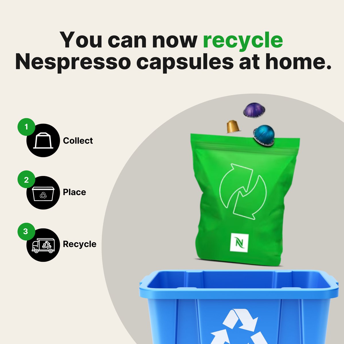 City of London residents can now recycle Nespresso capsules at the curb!
Collect the used capsules in the green bag. Once full, place the green bag in your Blue Box or Blue Cart on your collection day. These will be collected with your other recyclables.

bit.ly/4fqHnjF