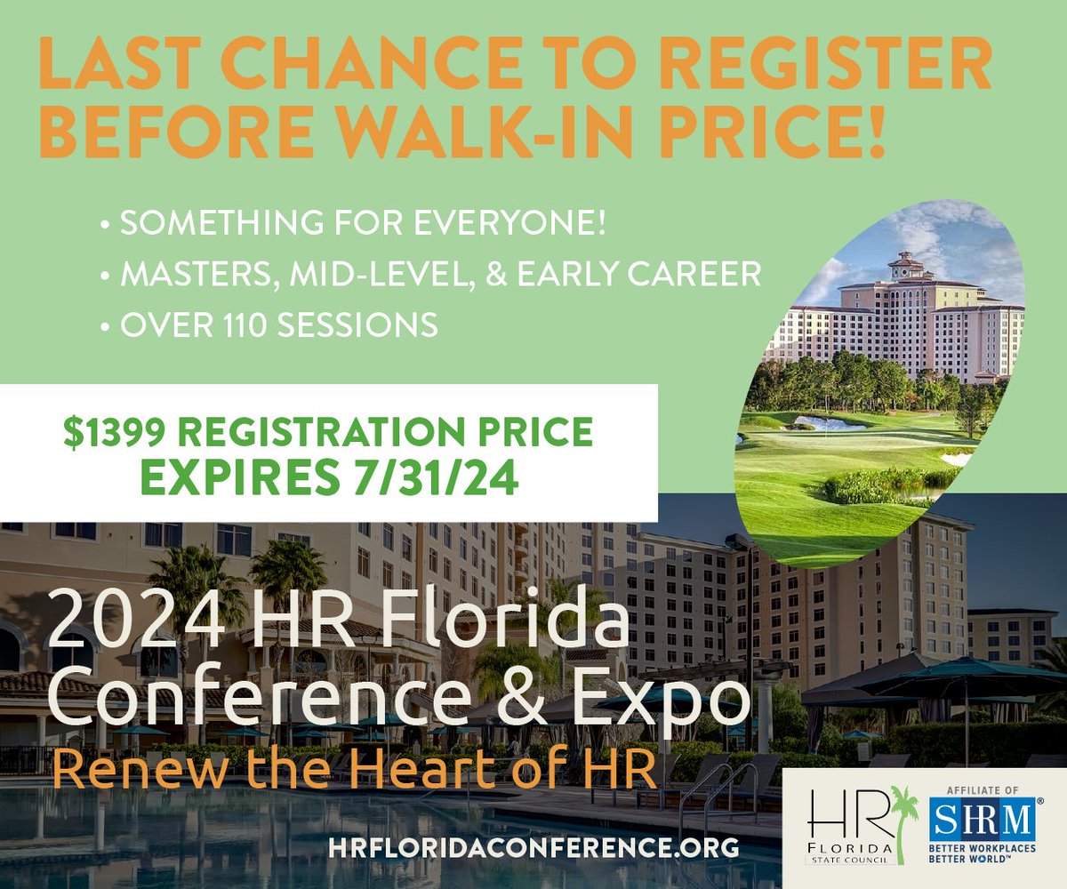 hrflorida's tweet photo. Don't miss out ! Register today for the 2024 HR Florida Conference and Expo scheduled for August 25-28, 2024, at the Rosen Shingle Creek, Orlando. Registration price increases on 8/1!

https://t.co/3C2QsI2ESX https://t.co/yjz6SkUDhW