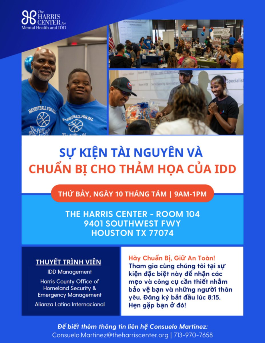 TheHarrisCTR's tweet photo. 2024 IDD Resource & Disaster Preparedness Event: Aug 10, 2024, 9AM-1PM, Houston.
Free event for IDD community. Promo video: https://t.co/q4zUxtf3q8
#IDDAwareness #DisasterPreparedness https://t.co/GCB0MSxNV7