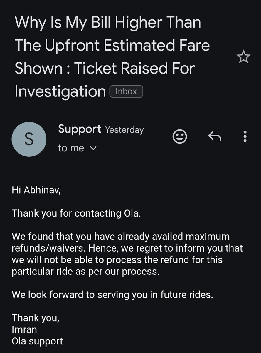 abhinav1402's tweet photo. @ola_supports Is this the resolution which you provide when you yourself know that you are at fault? You have been continuously charging me more and I had to make extra effort to reclaim that. How does that make it valid for you to overcharge me? Stop this #fraud and return my money #ola #uber https://t.co/SZYQ6tzWvJ