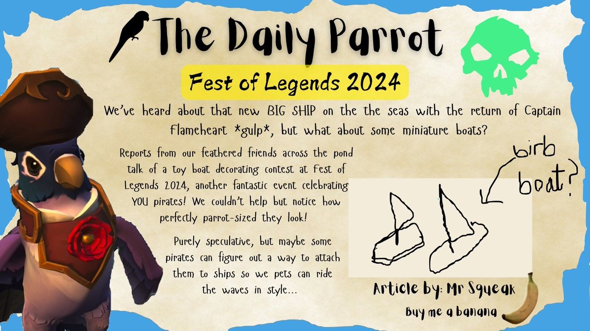 PiratePost_'s tweet photo. Ahoy pirates! We fished up another community news article from those pesky parrots, this time from Mr Squeak about the recent @FestOfLegends and some toy boats...
Mini boats for #SeaOfThieves pets anyone?
#BeMorePirate #BeMoreParrot https://t.co/6oZTZx4a7r
