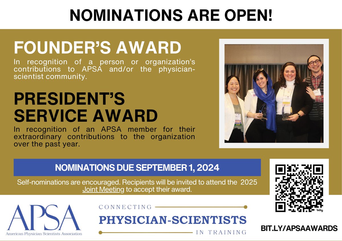 Nominations are open for the APSA Founders Award and President's Service Award! Nominations are due by September 1 and can be submitted through the following link: bit.ly/APSAawards. Recipients will be invited to attend the 2025 Joint Meeting. #APSA #PhysicianScientists
