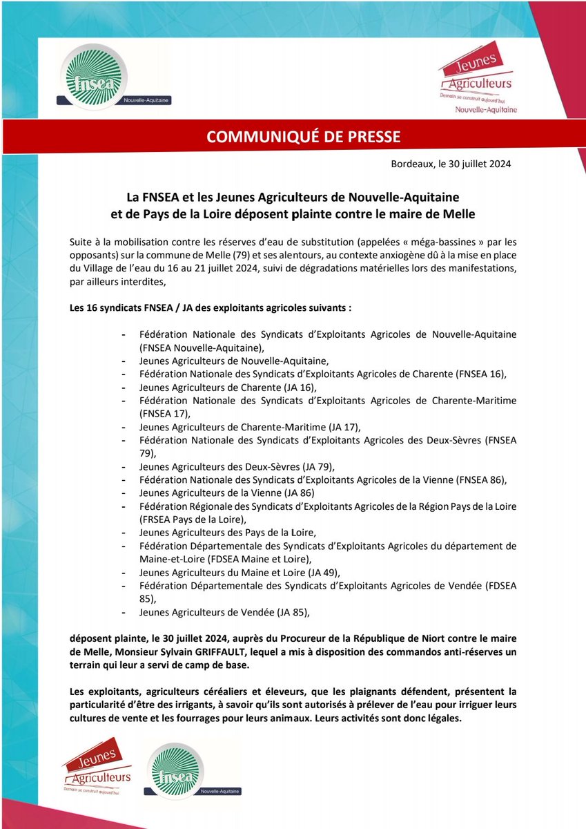 Zakine Carole (@carole_zakine) on Twitter photo EAU: Plainte déposée par 16 organisations agricoles contre le maire de MELLE. Parce que chaque décision doit être assumée dans ses conséquences à l'égard des agriculteurs <a href="/AEGRW/">Gil Rivière-Wekstein</a> <a href="/Irrigants_Fr/">Irrigants de France</a> <a href="/rousseautrocy/">Arnaud Rousseau</a> <a href="/BruCardot/">Bruno 😅Salut Salut</a> <a href="/cduroc/">Céline DUROC 🌽💪</a> <a href="/EricFretillere/">Eric FRETILLERE</a> <a href="/Laborde_Franck/">Franck LABORDE</a> EAU: Plainte déposée par 16 organisations agricoles contre le maire de MELLE. Parce que chaque décision doit être assumée dans ses conséquences à l'égard des agriculteurs <a href="/AEGRW/">Gil Rivière-Wekstein</a> <a href="/Irrigants_Fr/">Irrigants de France</a> <a href="/rousseautrocy/">Arnaud Rousseau</a> <a href="/BruCardot/">Bruno 😅Salut Salut</a> <a href="/cduroc/">Céline DUROC 🌽💪</a> <a href="/EricFretillere/">Eric FRETILLERE</a> <a href="/Laborde_Franck/">Franck LABORDE</a>
