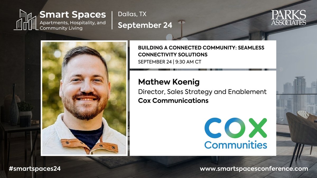 🎤 Mathew Koenig, Director, Sales Strategy and Enablement, Cox Communications is speaking during #SmartSpaces24 in Dallas!

Don’t miss out on 50% off in-person registration with code SMSP-50C here 👉 smartspacesconference.com

#IoT #PropTech #AI #Dallas