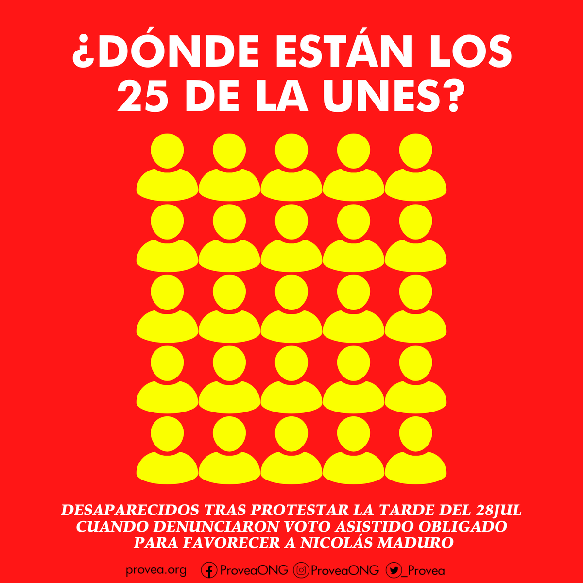 4 de los 25 estudiantes desaparecidos de la UNES están detenidos en la Dirección de Investigación Penal de la PNB en Maripérez, Caracas.

Familiares del resto de estudiantes no saben dónde está el resto. 

Los desaparecidos protestaron la tarde del domingo 28 de julio en la sede