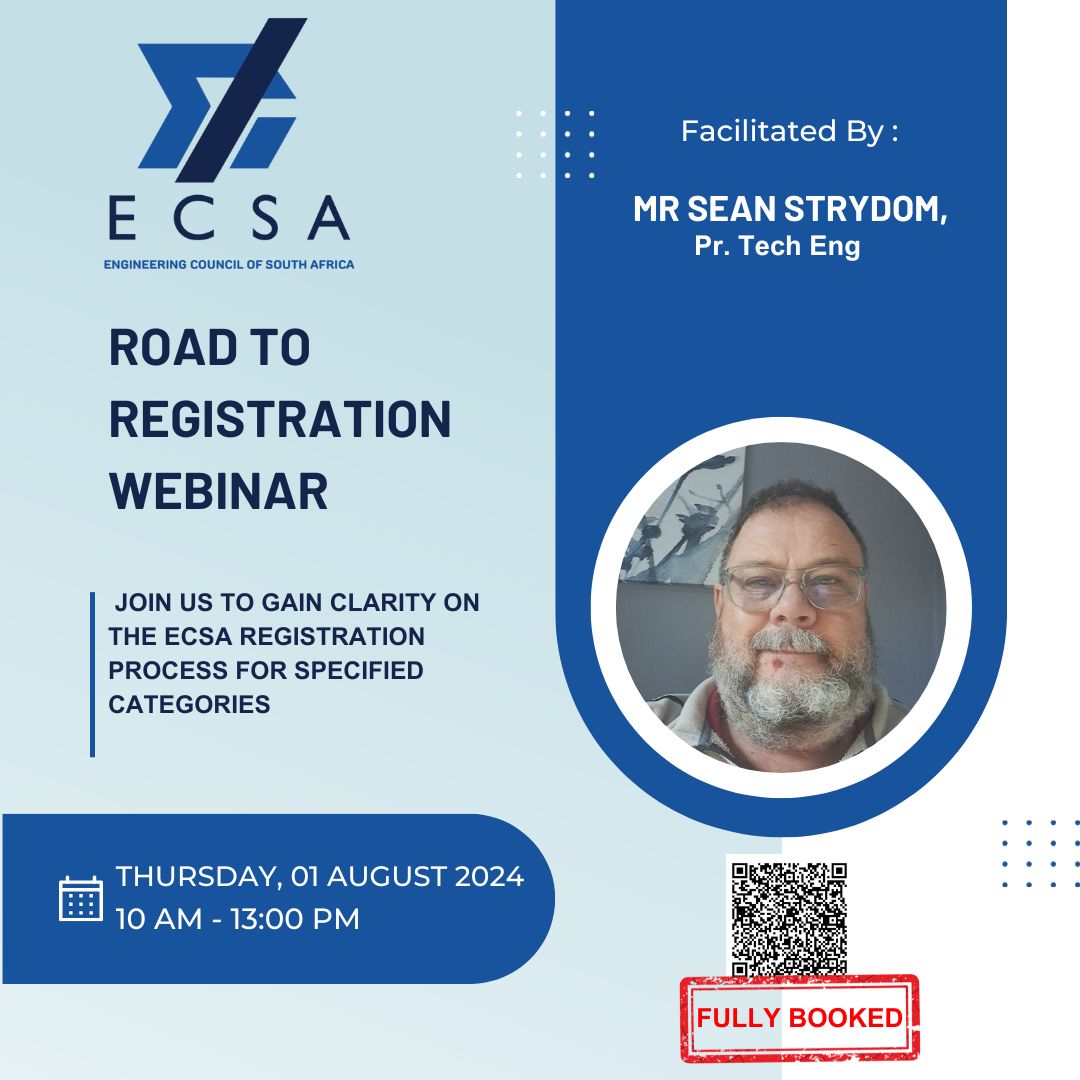 ECSAOfficial's tweet photo. Our Road to Registration Webinar for ECSA registration in Specified Categories is fully booked.
Thank you for your overwhelming interest!
We limited spaces to ensure a quality Q&A session. Stay tuned for more updates.
#ECSARegistration #Webinar #Engineering #Specified https://t.co/WT5FVX3e5F