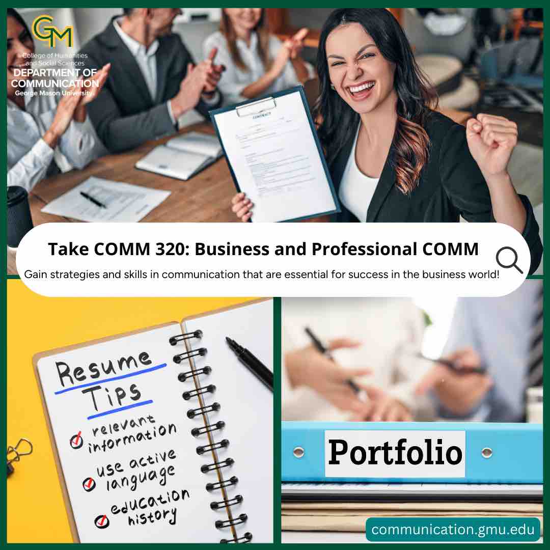 MasonCommDept's tweet photo. COMM 320 is the perfect course to help with perfecting interviewing and networking skills! There are still seats available for the #Fall2024 semester, register today! #MasonCOMM #MasonNation https://t.co/4xbXGpNRyE