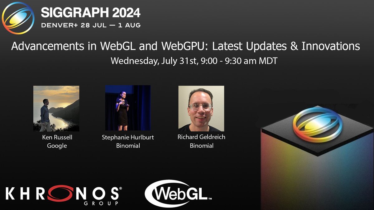 Starting at 9am, WebGL kicks of the Khronos BOF day at the Hyatt Regency Denver. Join us for an update from WebGL and special guest, Binomial.

Learn more: khronos.org/events/siggrap…