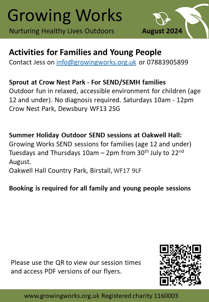 Growing Works (@growingworks) on Twitter photo Growing Works outdoor therapeutic activities for August.
For more information check out our website growingworks.org.uk and contact Rachel or Jess at info@growingworks.org.uk. Growing Works outdoor therapeutic activities for August.
For more information check out our website growingworks.org.uk and contact Rachel or Jess at info@growingworks.org.uk.