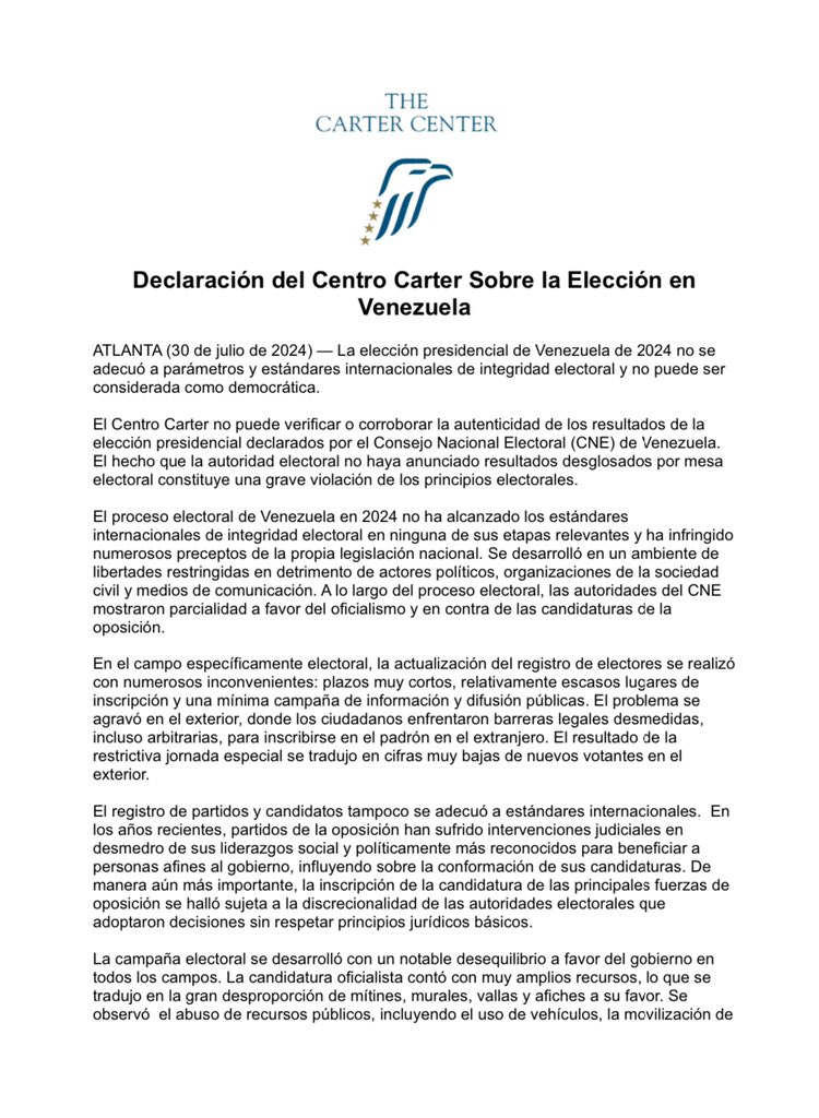 QpasoCarabobo's tweet photo. #ULTIMAHORA El Centro Carter afirma que no puede verificar los resultados de elecciones en Venezuela y señala la "falta total de transparencia" de las autoridades electorales. https://t.co/JYJwKjRrpM