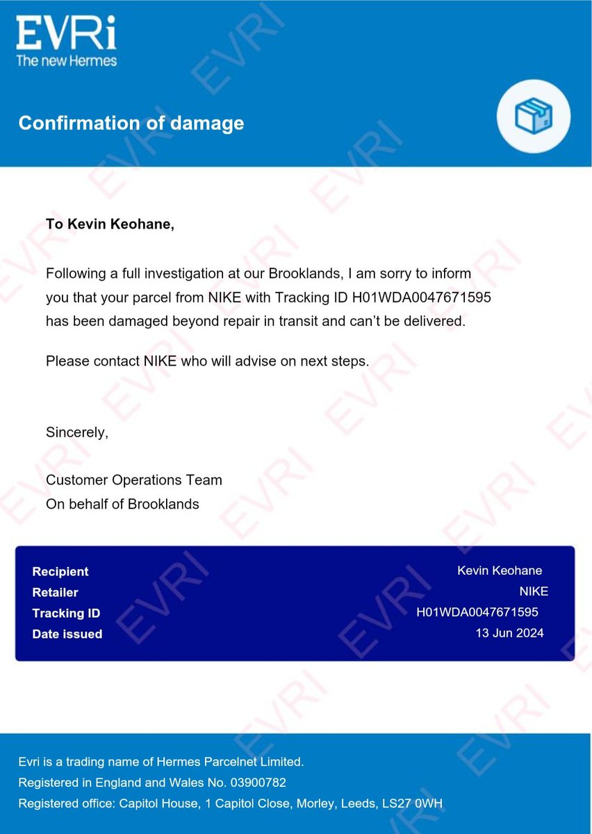 Kevin Keohane (@bigkev78) on Twitter photo Multiple times chasing for the refund for the order that was damaged so badly in transit it could not be delivered, as confirmed by the carrier.
<a href="/nikestore/">Nike.com</a> <a href="/nikelondon/">nikelondon</a> <a href="/NikeService/">Nike Service</a> you should be ashamed saying your investigation found it to be have been delivered. Multiple times chasing for the refund for the order that was damaged so badly in transit it could not be delivered, as confirmed by the carrier.
<a href="/nikestore/">Nike.com</a> <a href="/nikelondon/">nikelondon</a> <a href="/NikeService/">Nike Service</a> you should be ashamed saying your investigation found it to be have been delivered.