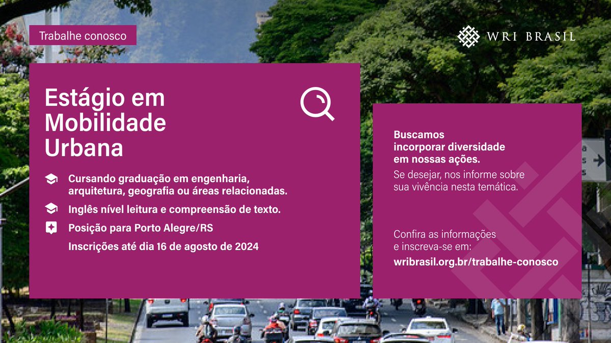 Faça parte da equipe do WRIBrasil: estamos em busca de uma pessoa para a vaga de Estágio em Mobilidade Urbana.
 
Confira mais detalhes e inscreva-se em: wribrasil.org.br/trabalhe-conos…