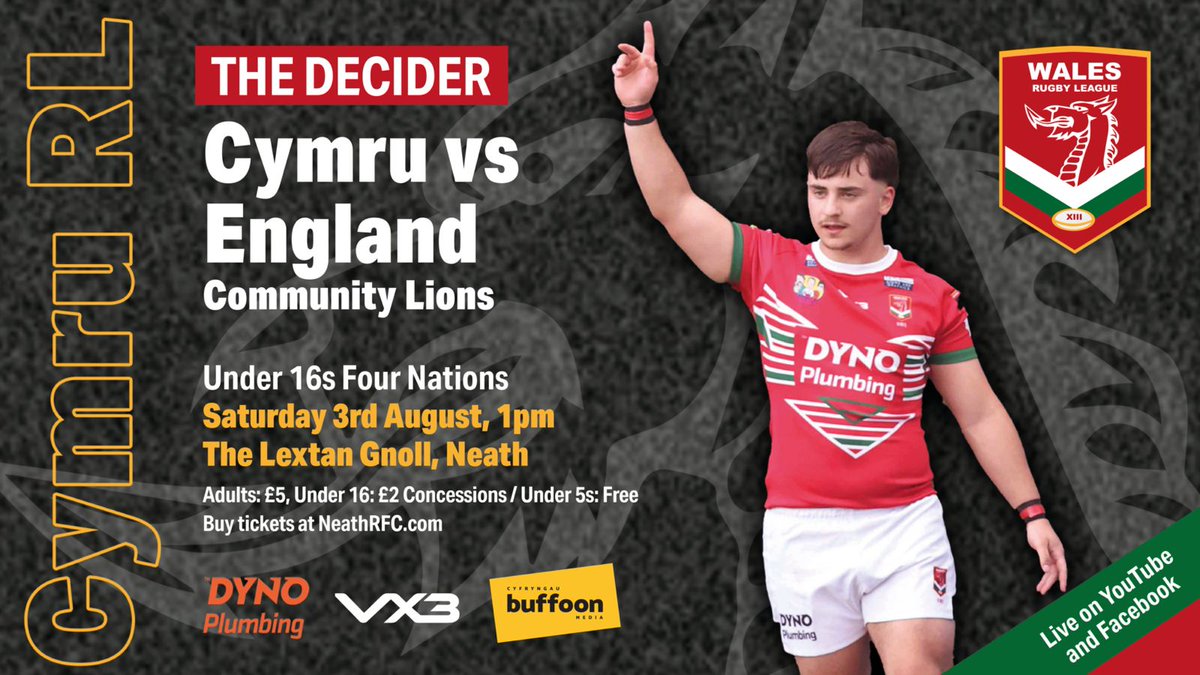 Wales Rugby League (@walesrugbyl) on Twitter photo Rygbi Iau๐
It's a big double-header decider this Saturday at <a href="/neathrfc/">Neath RFC</a>.
11am - West Wales v East Wales U14
1pm - Wales v England U16
More details, squads and ticket link/Mwy o Wybodaeth: wrl.wales/its-a-super-saโฆ
<a href="/buffoon_media/">Buffoon Media</a> | <a href="/DynoUK/">Dyno-Rod</a> | <a href="/VX3apparel/">VX3</a> | <a href="/AllWalesSport/">All Wales Sport</a> Rygbi Iau๐
It's a big double-header decider this Saturday at <a href="/neathrfc/">Neath RFC</a>.
11am - West Wales v East Wales U14
1pm - Wales v England U16
More details, squads and ticket link/Mwy o Wybodaeth: wrl.wales/its-a-super-saโฆ
<a href="/buffoon_media/">Buffoon Media</a> | <a href="/DynoUK/">Dyno-Rod</a> | <a href="/VX3apparel/">VX3</a> | <a href="/AllWalesSport/">All Wales Sport</a>