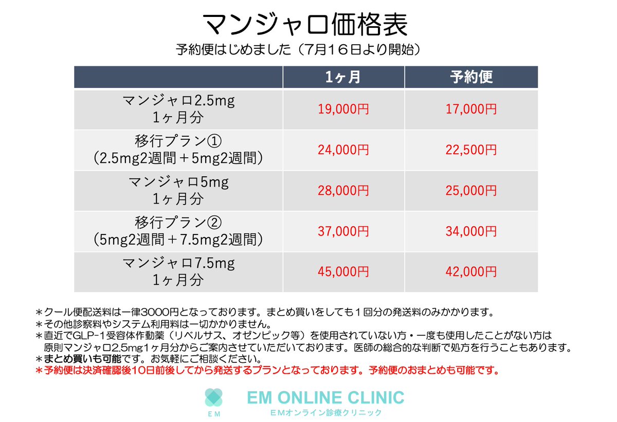 ○マンジャロ価格 ・マンジャロ2.5mg 17000円 ・マンジャロ2.5mg 2本+